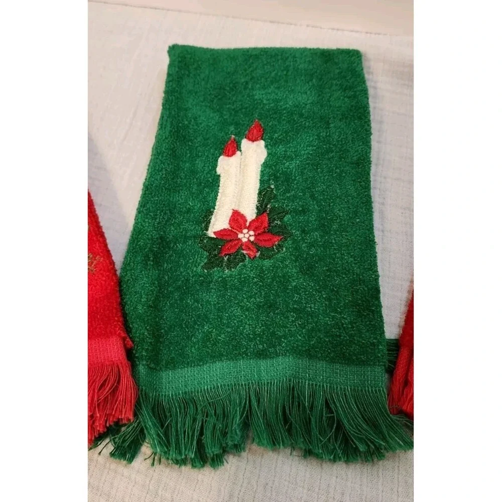 Vintage Lot of‎ 4 RED GREEN Terry Christmas Hand Towels Candle Reindeer Noel